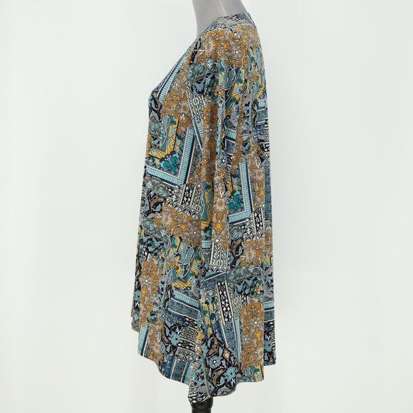 Chicos Top 0 Womens Small Blue Black Neck Beads Stretch Knit Blouse Tunic - Picture 13 of 14